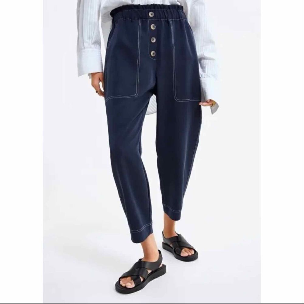 Zara Slouchy Paper Bag High Waist Crop Pants Navy Blue XS Nautical Hipster